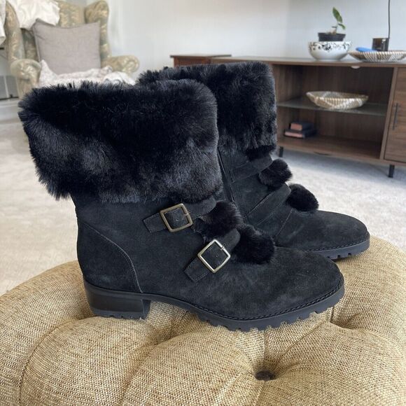 Talbots Black Suede Boots Furry Cuffed Trish Snow 9.5 M Zip No Slip Brazil - Picture 1 of 13